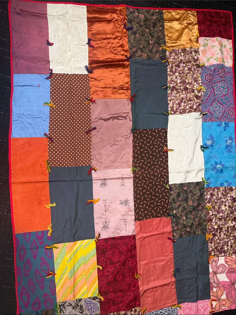 Antique red silk satin specialty fabric patchwork crazy quilt 43” x 64” yarn tie